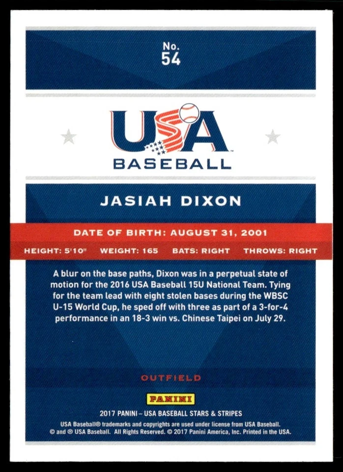 2017 Panini Stars and Stripes Longevity Jasiah Dixon USA #54 - Image 2 of 2