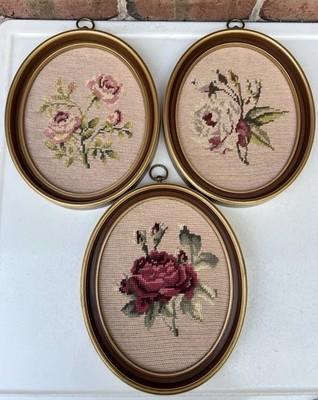 Oval Needlepoint Floral Old Cabbage Roses Cottage core Framed 11'' Set Of 3 Nice