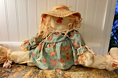 Scarecrow Girl Decoration with Dress and Straw Hat Weighted Bottom