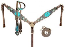 Showman Leather Headstall  Breast Collar Set w/ Black  Teal Southwest Accent