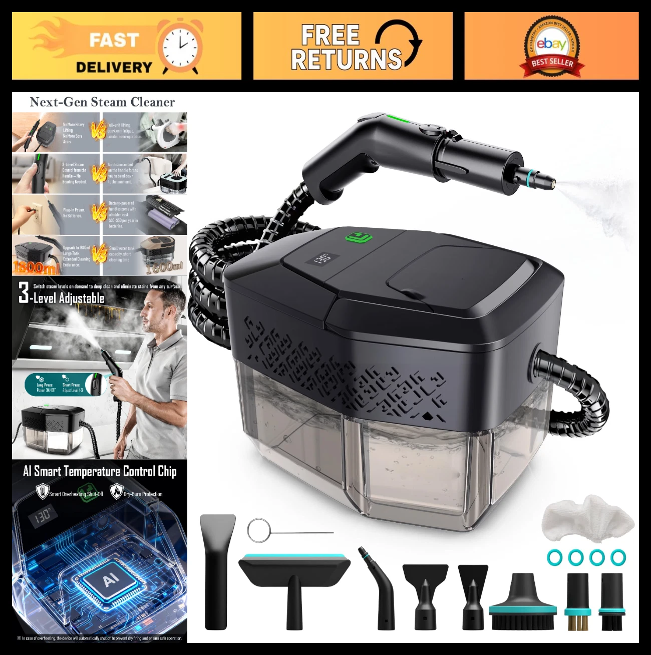Handheld Steam Cleaner with 3-Level Adjustable Handle, 15s Heat-Up, 1.8L Tank, D