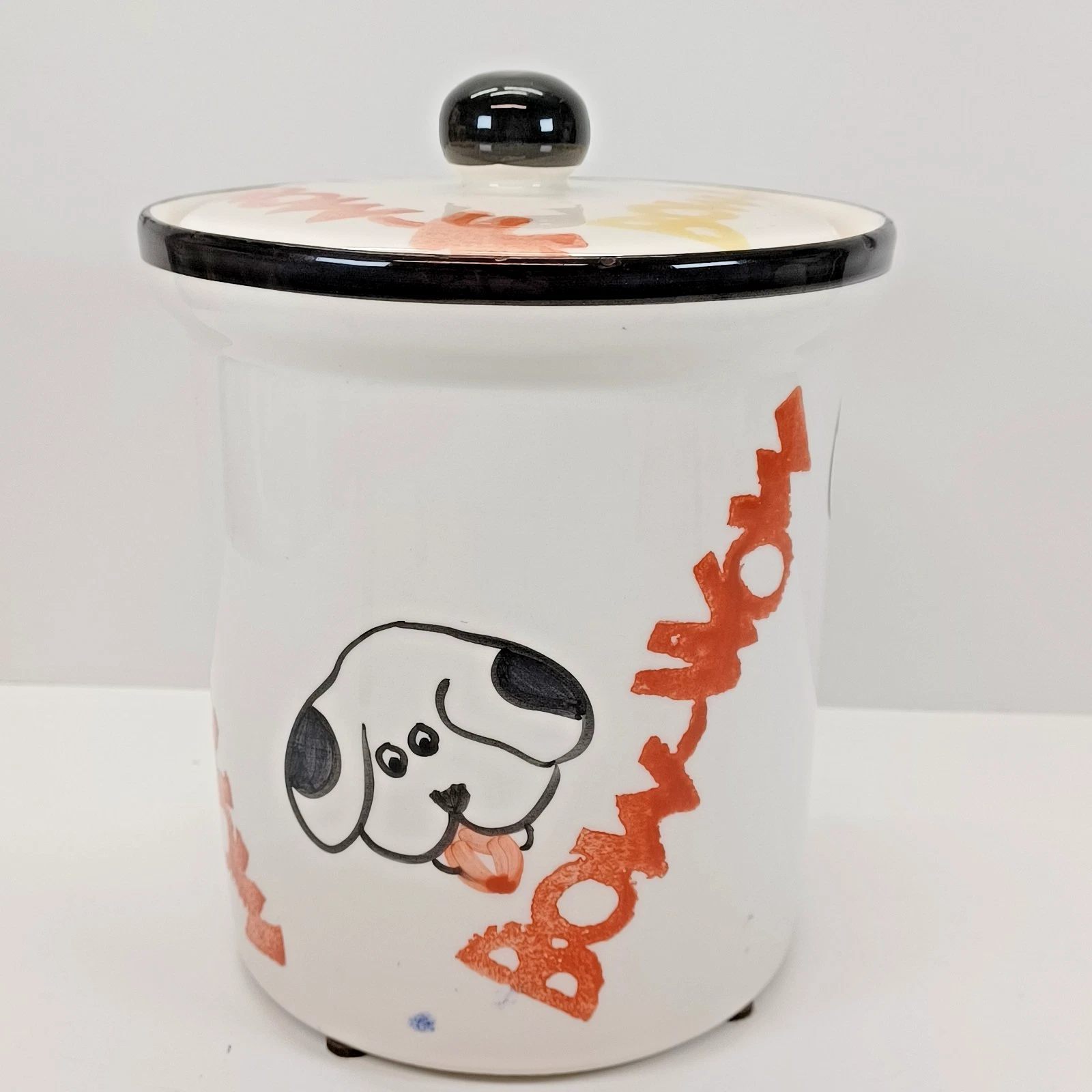 PIER 1 IMPORTS ITALY HANDPAINTED DOG TREAT WHITE CERAMIC CANISTER