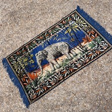 Vintage Safari India Elephant Wall Tapestry Velvety-Soft Blue Fringed 48  x 26.5  