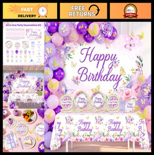 Purple Butterfly Birthday Party Supplies - 202 Pcs Floral Banner, Plates, Napkin