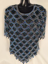 Vintage Laurence Kazar Beaded Silk Sequin Evening Top Sz M Clam Shell Blue Pearl