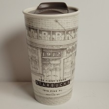 Starbucks First Store Travel Tumbler 12oz White Brown Pike Place Seattle Coffee