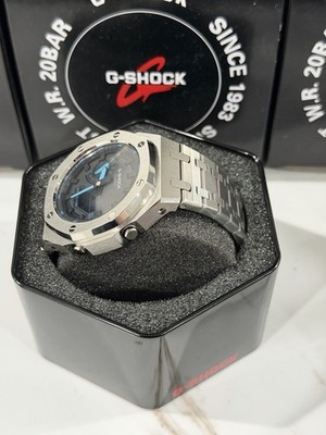 Casio GA-2100 G-Shock Watch   Sandblasted Metal Case Mod   Silver Dial