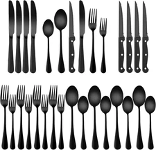 24-Piece Black Silverware Set with Steak Knives Black Stainless Steel Flatware S