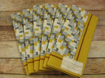 Vintage MCM Geometric Linen Napkins Set of 6 Czech NOS Textile 17.25 x 16.5''