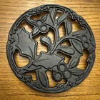 Christmas Holly Black Cast Iron Trivet 8” Footed - 2 Pounds - Nice And Solid!