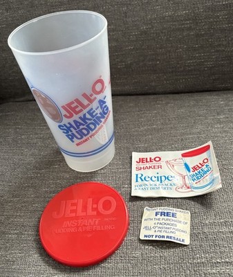 VTG Jell-O Brand Shake A Pudding Instant Plastic Shaker W/ Red Lid Recipe Card