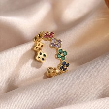 Gold Plated Flower Ring Simulated Zirconia Prong Open Band Women Daily Wear