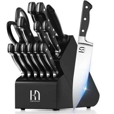 Knife Set 15 Pcs Kitchen Block Sharpener Stainless Steel Black KnifeSaga High