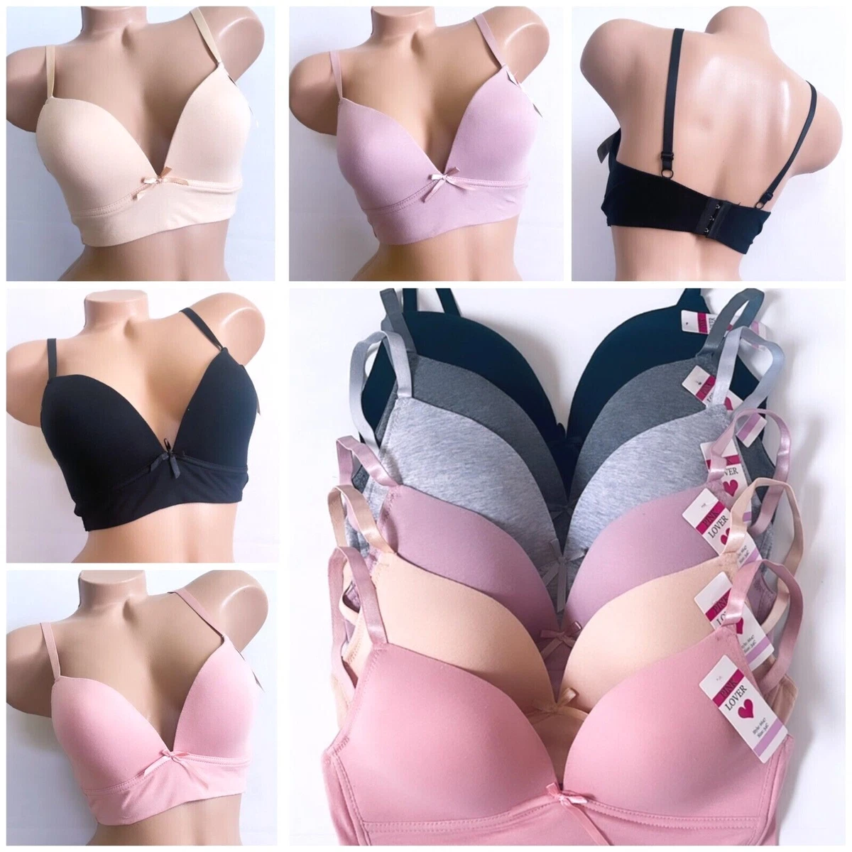 3/6 Bras 3 Hooks Bralette Plunge Soft Padded WireFree Cotton Comfy