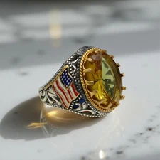 Alexandrite Stone Men's Ring 925 Sterling Silver USA Flag Handmade Jewelry