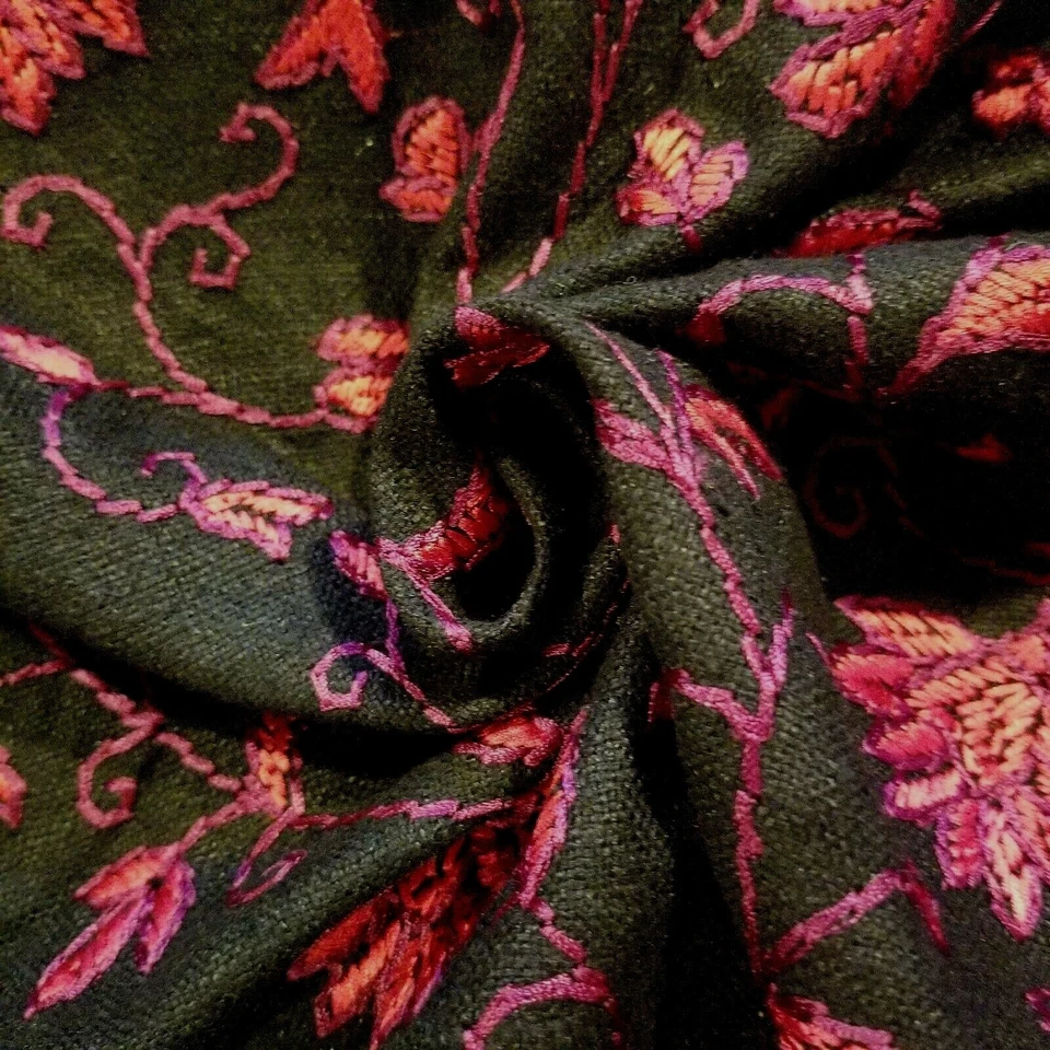 Black Raw Silk Suiting Embroidered with Beautiful Red & Burgundy Floral Design - image 3 of 4
