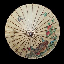 Vintage Japanese Bamboo 24" Umbrella Parasol Lacquer Rice Paper Peacock Flowers