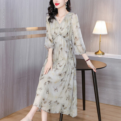 Spring Women Floral Printed Elegant Chiffon Dress V-neck Lantern Sleeves Skirt | eBay Spring Women Floral Printed Elegant Chiffon Dress V-neck Lantern Sleeves Skirt | eBay