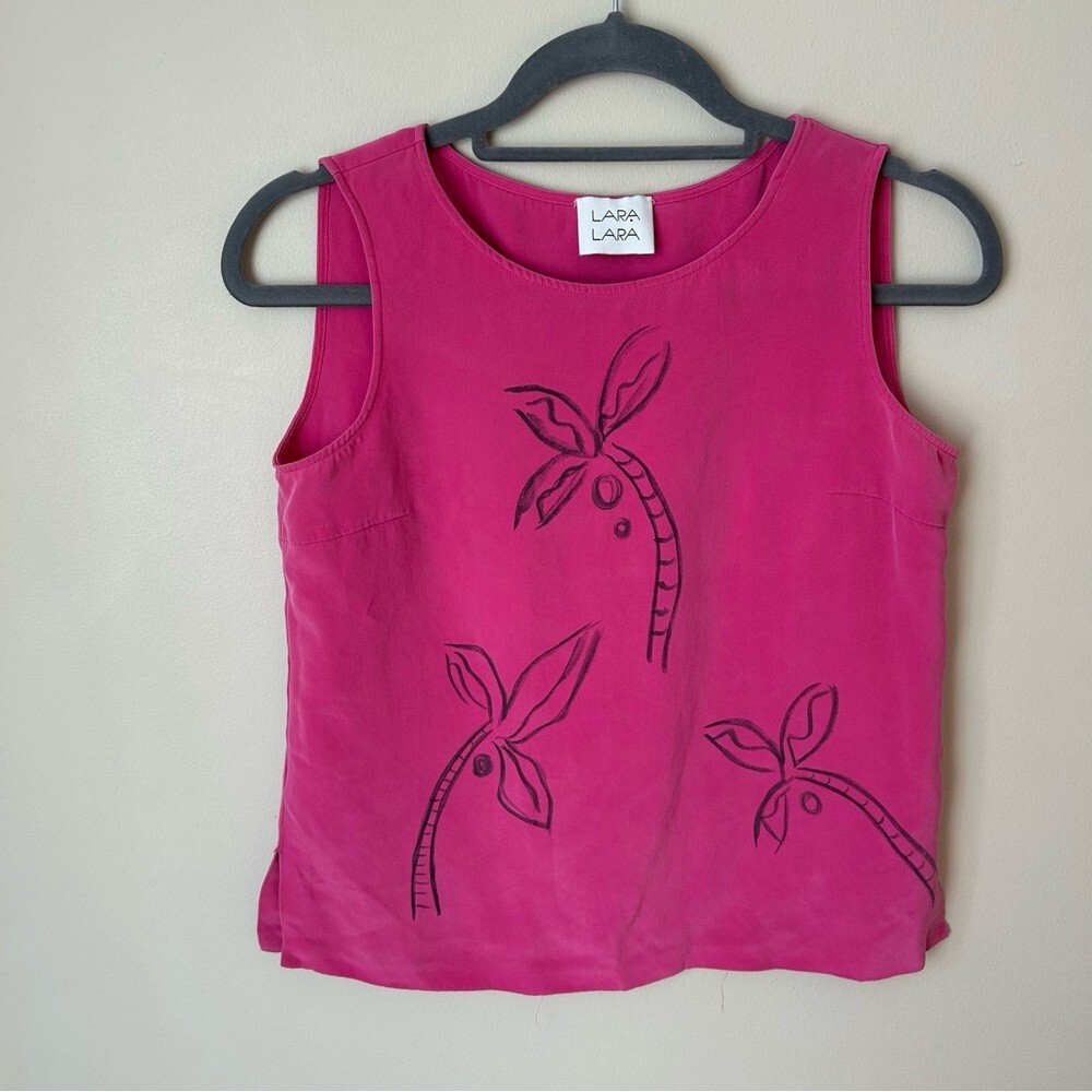 Lara Pink Fuchsia Sleeveless Silk Tank Top with Flowy Palm Tree Print Size 6