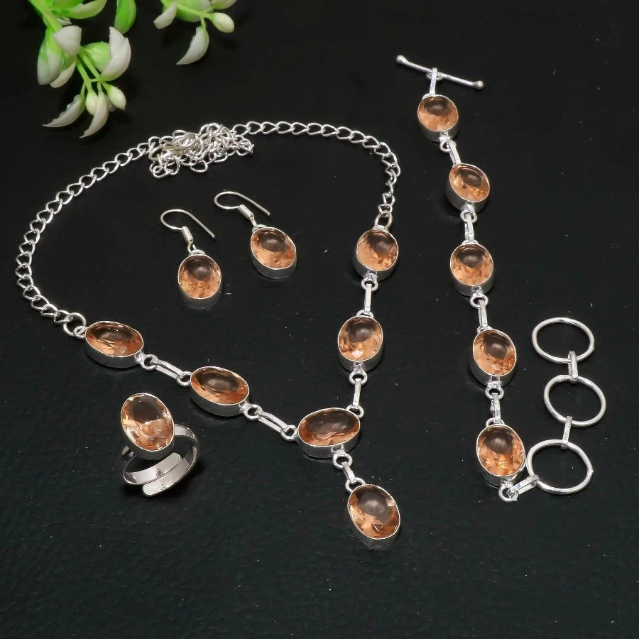 Faceted Morganite Gemstone Handmade 925 Sterling Silver Beautiful Jewelry Set k4 - Image 2 of 4