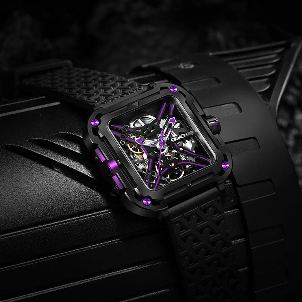 Montre Squelette CIGA Design Homme - Automatique, Boîtier Carré Acier PVD Violet/noir - Neuve Avec étiquettes