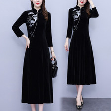 Lady Velvet Cheongsam Dress Long Embroidered Chinese Qipao Mandarin Collar Retro