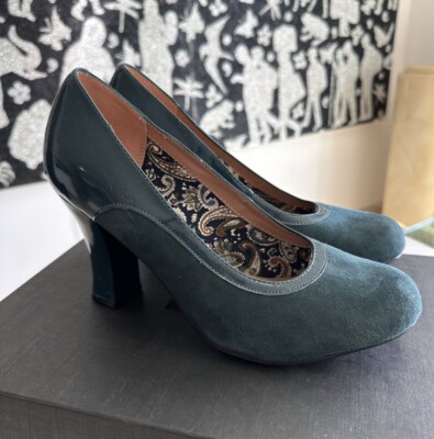 Hotter Shoes Womens US Size Heels Green Suede Patent Leather Pumps UK 