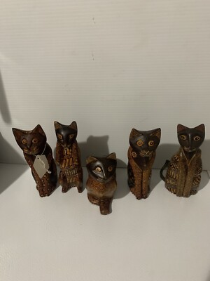 Antique Vintage Rare Wooden 5 Happy Cats Batik Bali Java Hand Crafted