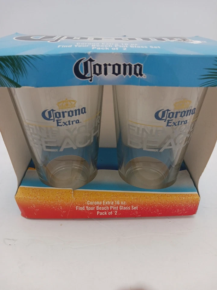 Corona Extra 16 oz "Find Your Beach" Pint Glass Set of 2 Home Pool Bar Foto 2 de 4