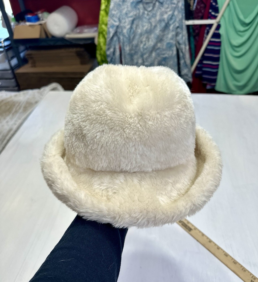 Vintage 1970s KÅPS Faux Fur Cloche Hat Cream USA Made Asymmetrical Brim