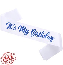 Birthday Sash White Blue Glitter Letter