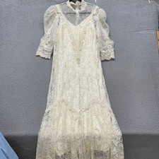 Vtg Lace Wedding Dress Ivory Beaded Victorian Edwardian Bridal Gown Romantic