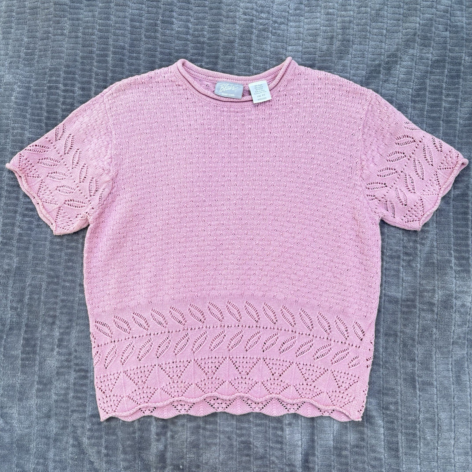 Vtg 90s Blair Pink Pointelle Knit Top Scalloped Hem Cottagecore Aesthetic Sz L