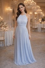 JJ s House Slate Blue Formal Gown 12 Halter Pleated Bodice V Back Floor Length
