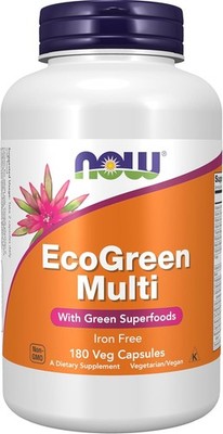 NOW Supplements,EcoGreen Multi Vitamin w/Green Superfoods,Iron-Free 180 Veg Caps
