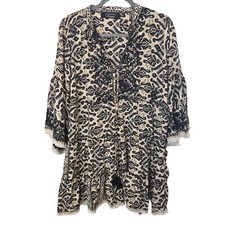 XL Boho Ikat Mini Dress Tiered Ruffle Bell 3/4 Sleeves Siya Madrid Gold Black