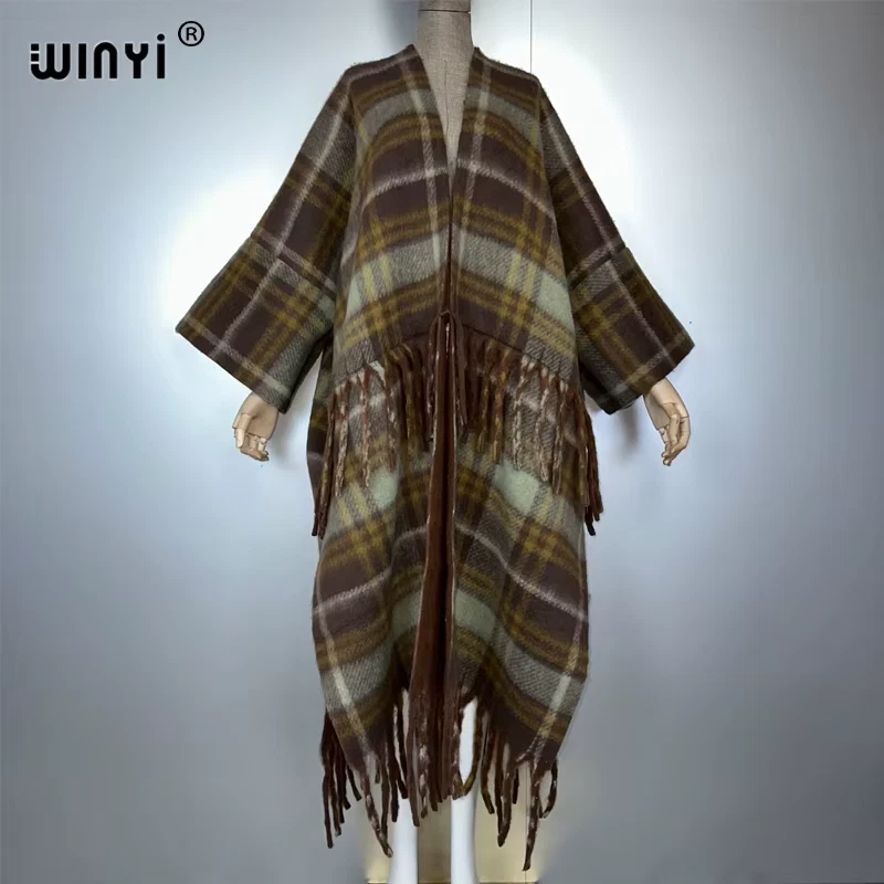 Winter Cloak Classic Plaid Print Poncho Long Overcoat Thick Warm Female Cardigan