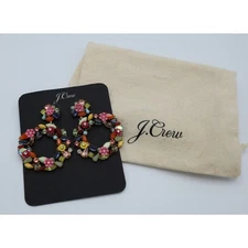 J.Crew Large Floral Statement Hoop Earrings Multicolor Crystal Gold Tone