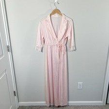 Vintage Shadowline Pink Long Nylon Robe House Coat Lace Floral Trim Medium
