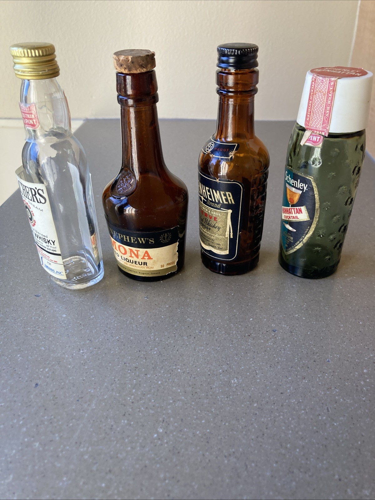 vintage mini liquors bottles 1/10 Pint Teachers, Schenley, Guckenheimer, Rumona