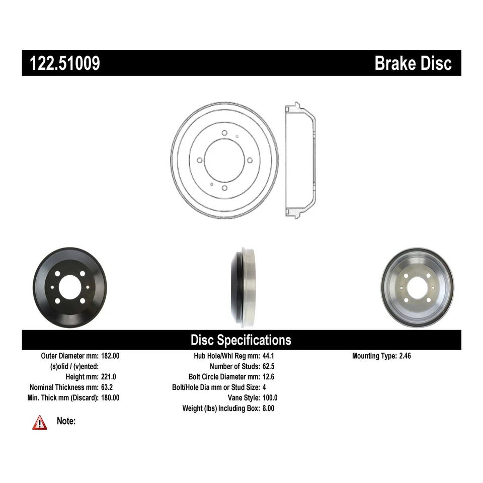 Tambor de freno Centric Parts 122.51009 Centric Premium para 00-02 Hyundai Accent Foto 3 de 4