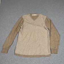 Perry Ellis Mens V Neck Sweater Tan Brown Pattern Long Sleeve Size S