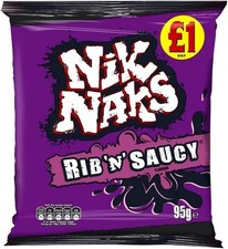 Nik Naks Rib N Saucy Crisps 12 x 95g Bold Tangy Snack Packs Purple Bag