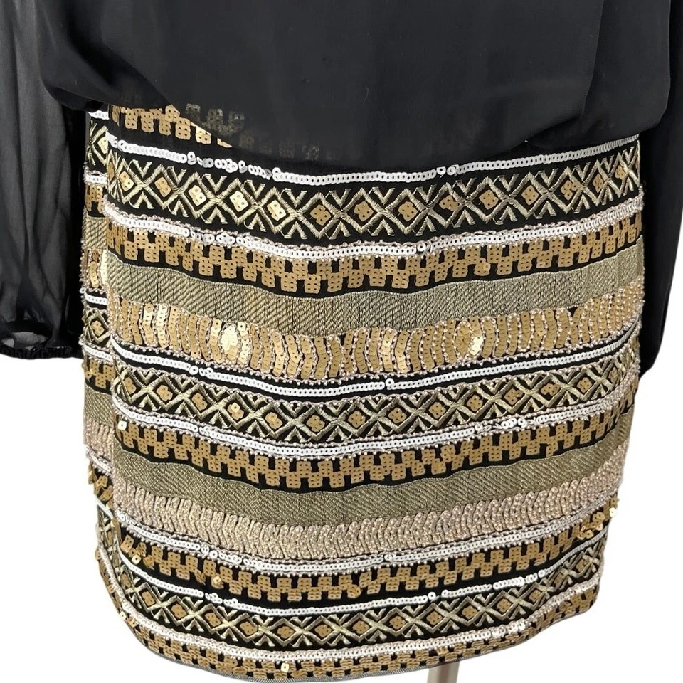 Mini Vestido Lápiz Aidan Mattox Negro Lentejuelas Metálico Manga Larga Hombro Frío 8 Foto 4 de 4