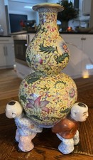 Chinese Jiaqing Mark Enamel Floral Turquoise Ground Porcelain 3 Boy VASE