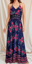 Filly Flair Women's Maxi Dress M Blue Floral Halter V-Neck Crochet Waist Garden