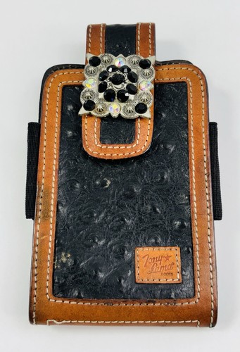 Tony Lama Ostrich Print Leather Cell Phone Holster Case Concho Bling
