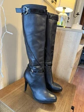 NINE WEST Platform Black Leather Pointed Toe Tall Zip Stiletto Boots Womens US 6