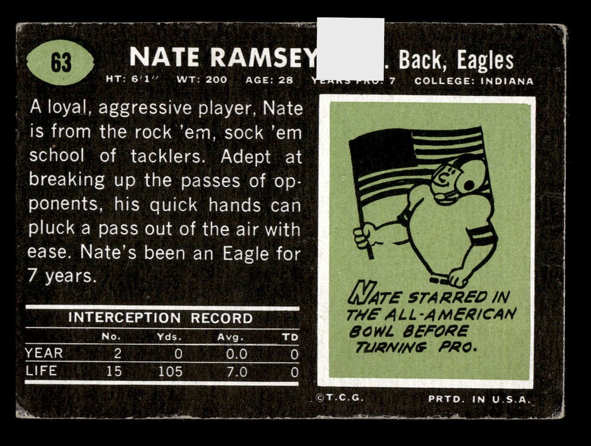 RandyJohnson Strike ZoneHeroes オートグラフカード Nate Ramsey 1969 Topps #63 Philadelphia Eagles Vg-Ex | eBay