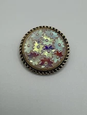 VINTAGE SIGNED WEST GERMANY SCARF CLIP BROOCH IRIDESCENT STARS ART GLASS 1950'S